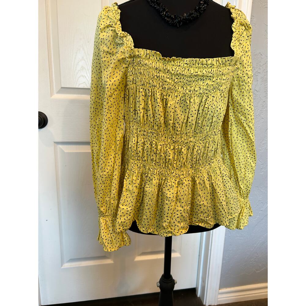 Who What Wear Womens Large L Yellow Ditsy Smocked Peplum Blouse Square Neck Boho - Picture 10 of 12